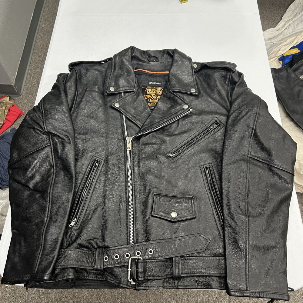 Milwaukee Leather Jacket Mens XL Black Biker Moto Belted Zip-Out Liner LKM1711
